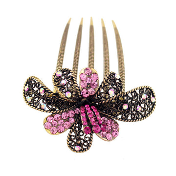 Antique Brass Rhinestone Colorful Blooming Flower French Twist Comb